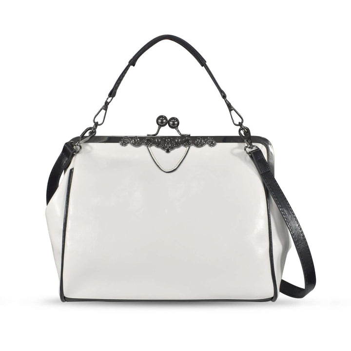 Handbag vintage kisslock purse in white with black accents. Classic 1950s style with modern design features.