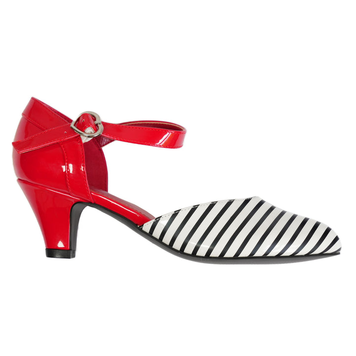 SugarPOP Jailhouse Rock heels in red and black striped design, perfect Mary Jane shoes for retro flair.