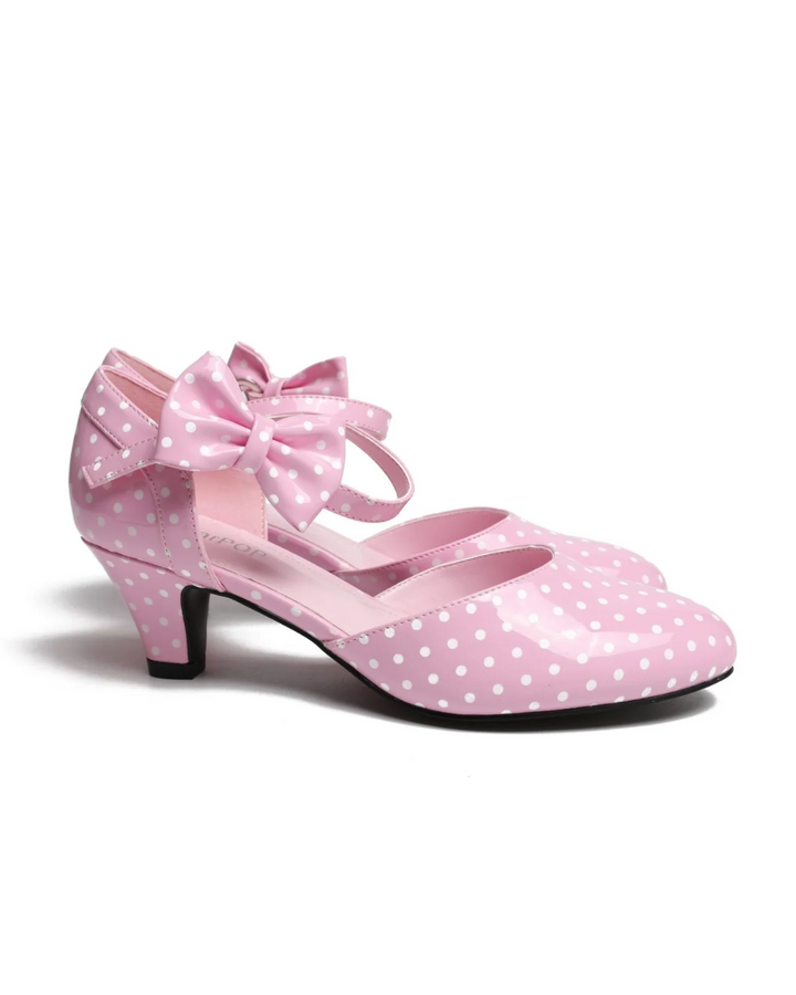 SugarPOP HighTea kitten heels in pink with polka dots, bow accent, perfect for retro style lovers.