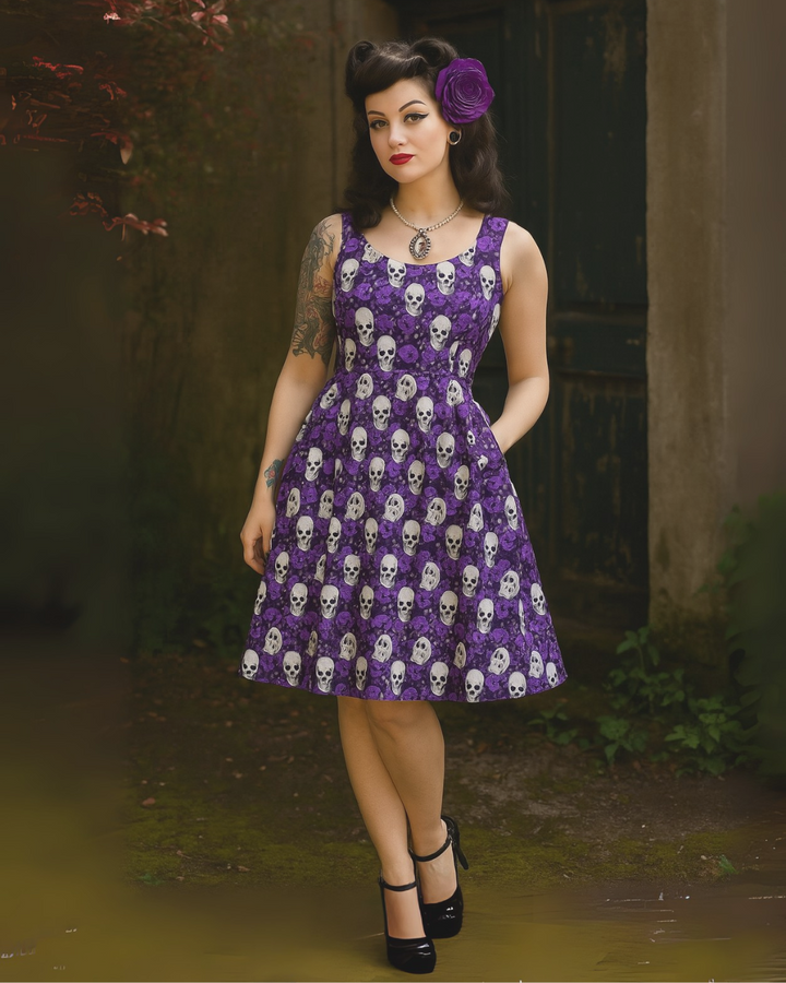 Purple Skull and Roses Skater Dress