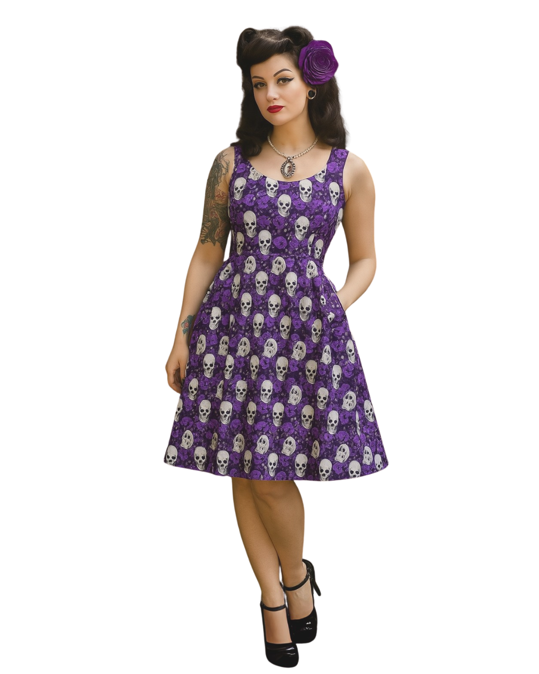 Purple Skull and Roses Skater Dress