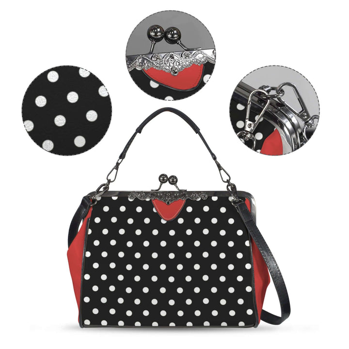Polly Kisslock Vintage Handbag with black and white polka dots and red trim showcasing the design and features.
