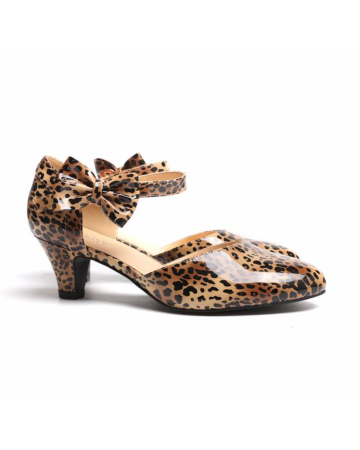 SugarPOP Minx leopard print kitten heels with adjustable strap and bow accent.