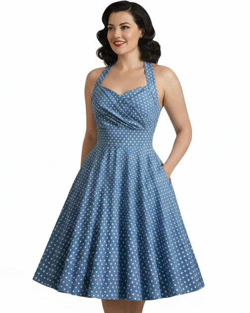 1950s Polka Dot Halter Dress Blue Vintage