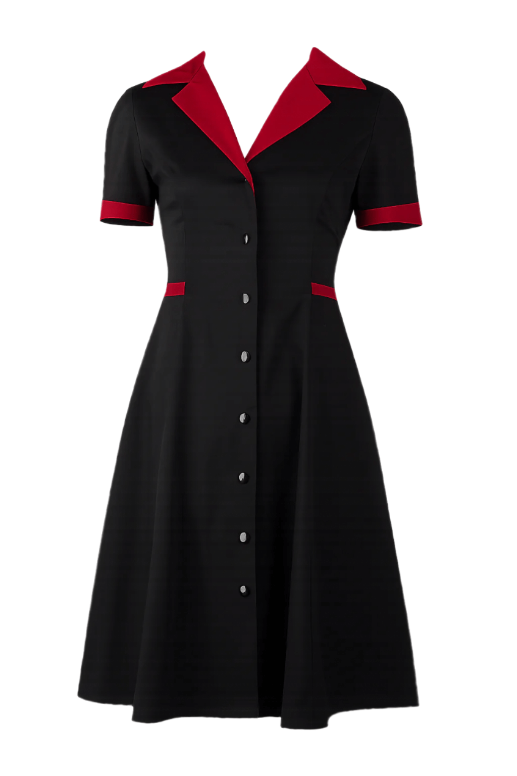 1950s Diner Dress in black with red collar and cuffs, button-front style, retro rockabilly vibes, perfect for everyday wear.