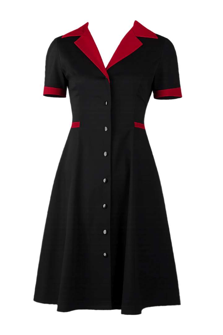 1950s Diner Dress in black with red collar and cuffs, button-front style, retro rockabilly vibes, perfect for everyday wear.