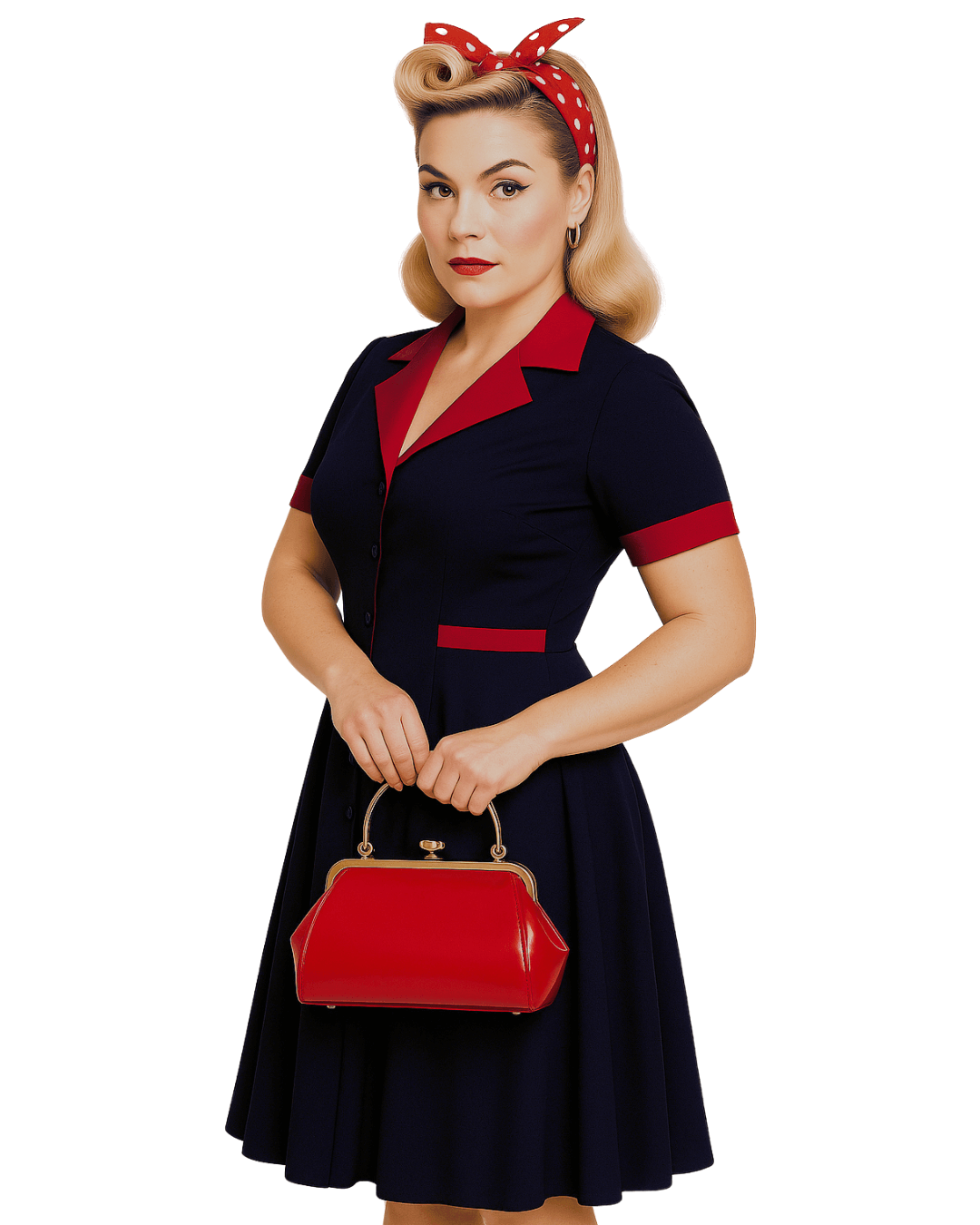 Vintage 1950s diner dress in navy with red accents, featured with a stylish handbag and retro hairstyle.