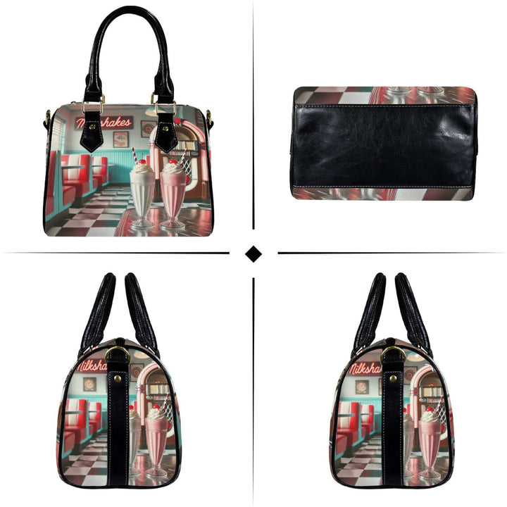 Milkshake Handbag featuring retro milkshake design with diner motifs and colorful jukebox, perfect for vintage style lovers.