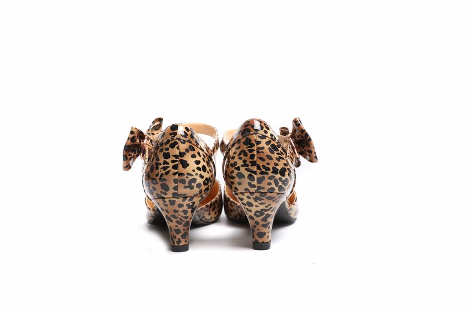 Back view of SugarPOP Minx kitten heels with leopard print and removable bows, perfect Mary Jane shoes for every occasion.