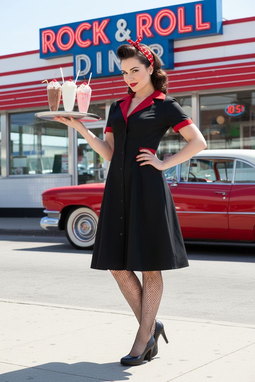 Woman in a black and red dress holding a tray with drinks in front of a Rock & Roll Diner.