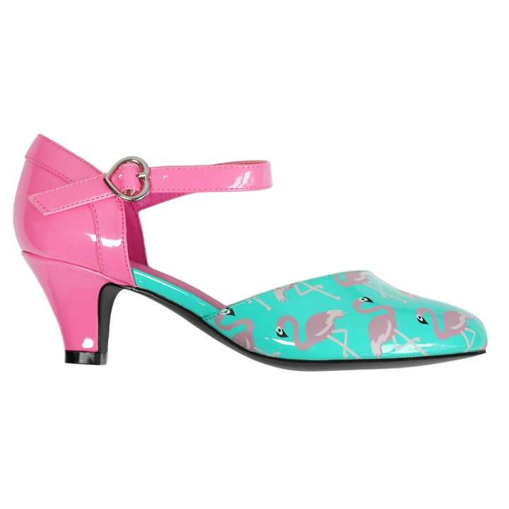 SugarPOP Mingo quirky kitten heels with pink flamingo print, retro Mary Jane shoes for playful style.