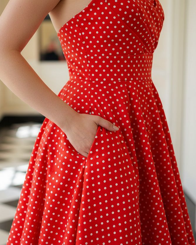 Red polka dot dress worn by a person in a room with checkered floor.