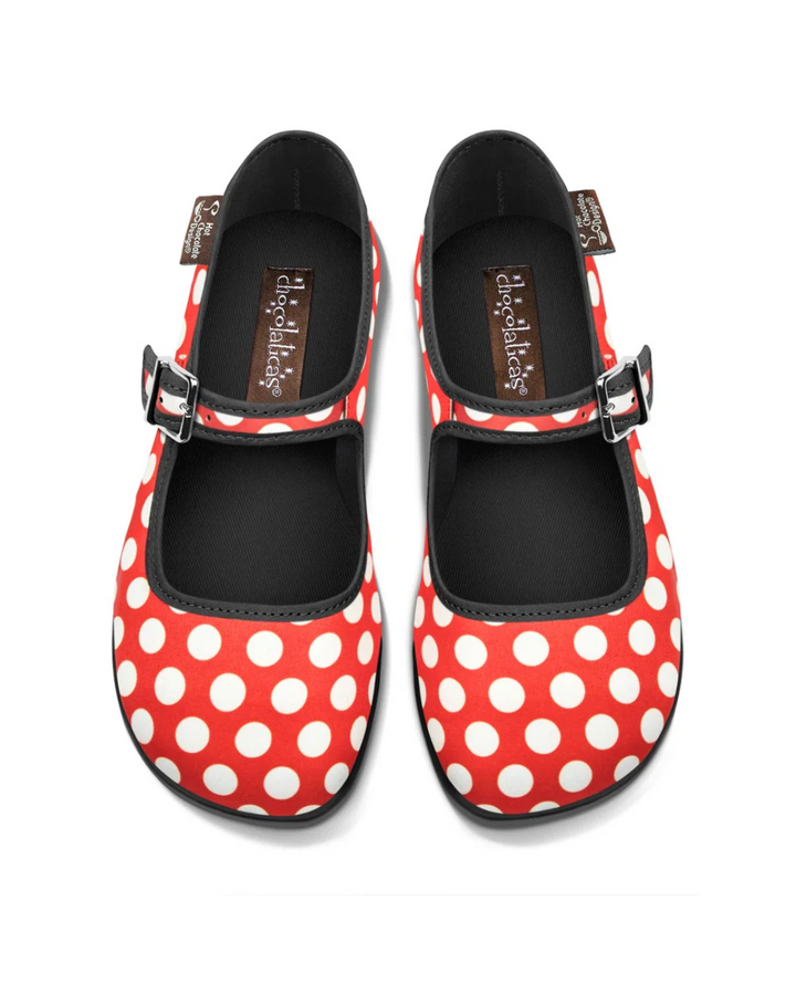 Hot Chocolate Design Red Polka shoes with white polka dots, stylish and comfortable retro mary janes.