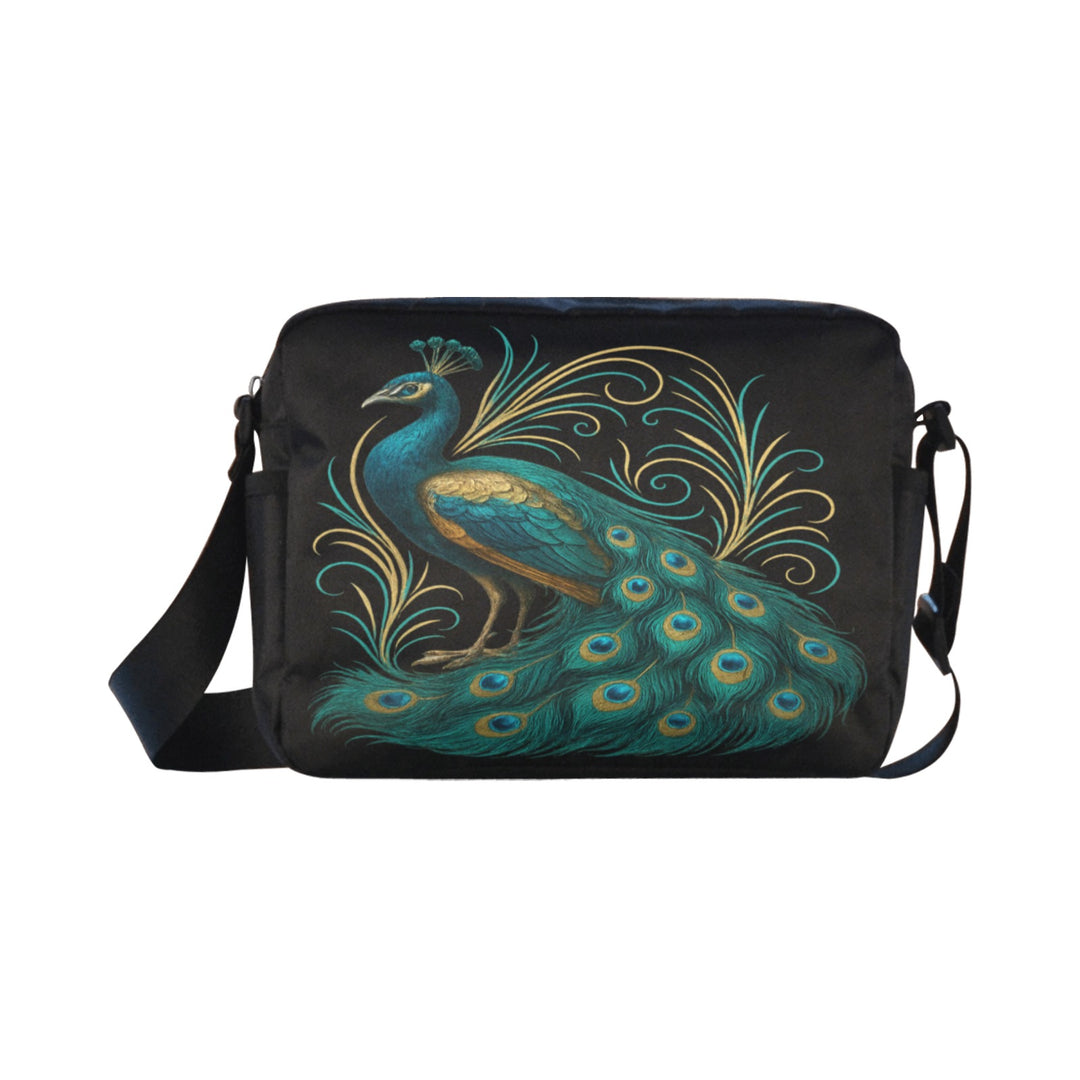 The Gilded Peacock Crossbody Bag – vintage-inspired crossbody featuring elegant peacock artwork with metallic gold accents and teal, emerald, and sapphire tones