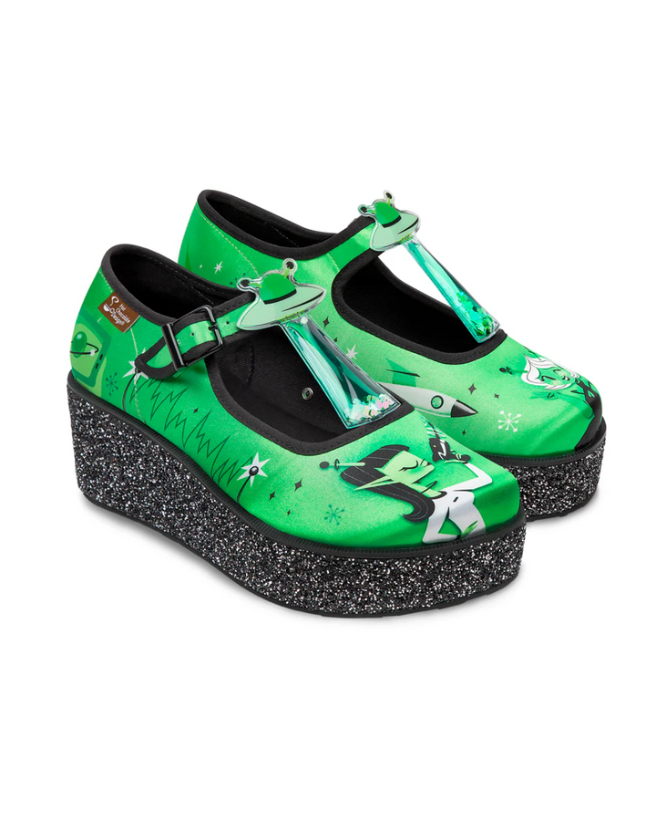 Hot Chocolate Design ET Gals Platform shoes in vibrant green with glitter platform sole and quirky extraterrestrial artwork.