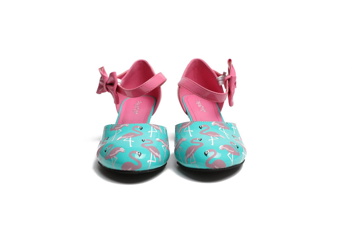 SugarPOP Mingo adorable kitten heels with pink flamingo print and heart buckle, perfect Mary Jane shoes.