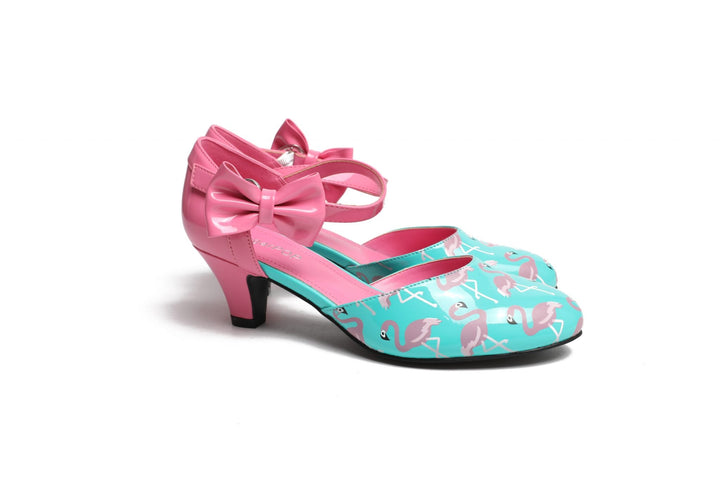 SugarPOP Mingo heels with pink flamingo print and adjustable bows, perfect for retro style and Mary Jane shoes lovers.