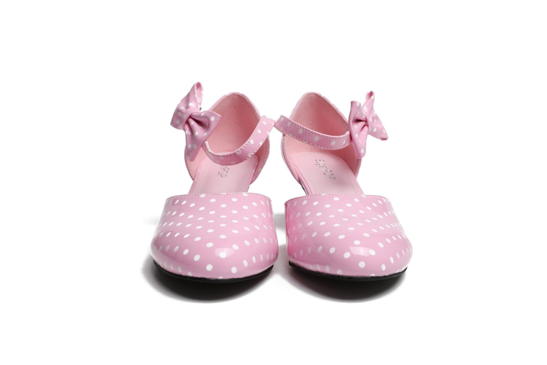 SugarPOP HighTea vintage pink Mary Jane shoes with bows and polka dots, perfect retro shoes for women.