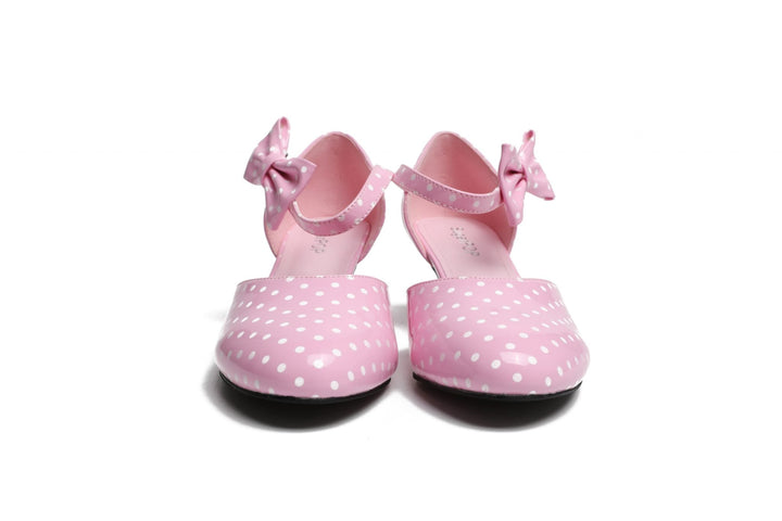 SugarPOP HighTea vintage pink Mary Jane shoes with bows and polka dots, perfect retro shoes for women.