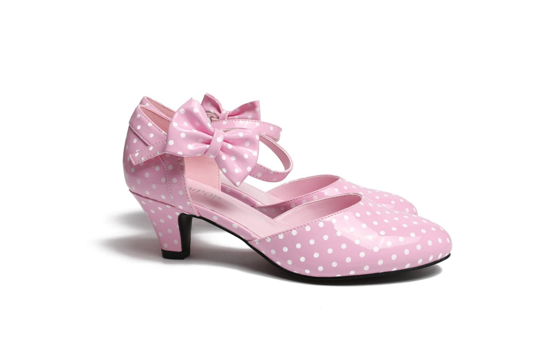 SugarPOP HighTea elegant pink polka dot Mary Jane shoes with kitten heel and bow accent.