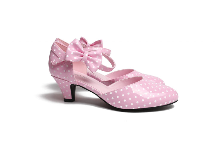 SugarPOP HighTea elegant pink polka dot Mary Jane shoes with kitten heel and bow accent.