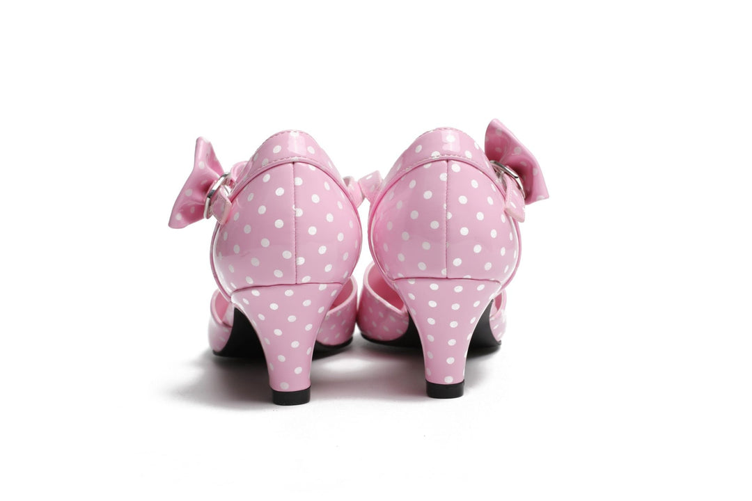 SugarPOP HighTea pink polka dot kitten heels with bow accent and heart-shaped buckle.