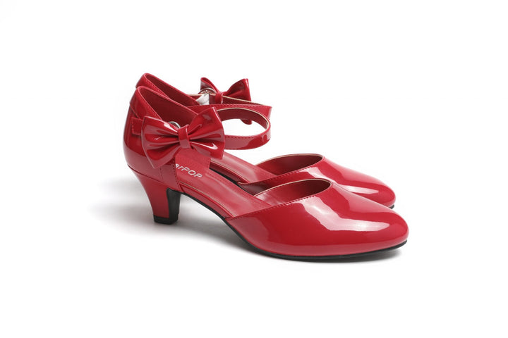 SugarPOP RedRum kitten heels with adjustable buckle and removable bow, stylish Mary Jane shoes.