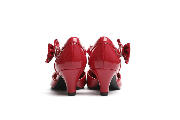 Back view of SugarPOP RedRum stylish kitten heels with bow accent, perfect Mary Jane shoes for all occasions.