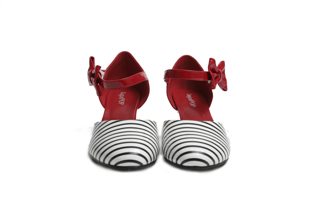 SugarPOP Jailhouse Rock - Chic black and white striped Mary Jane shoes with red bow accent.