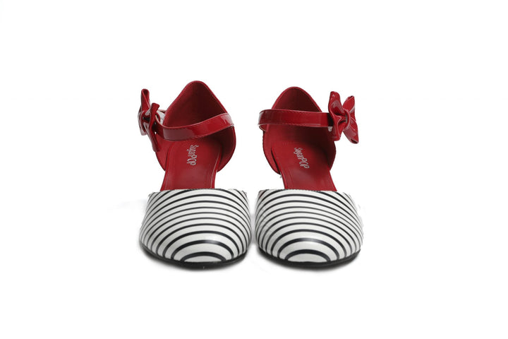 SugarPOP Jailhouse Rock - Chic black and white striped Mary Jane shoes with red bow accent.