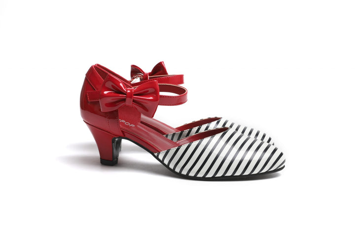 SugarPOP Jailhouse Rock stylish kitten heels with heart-shaped buckle and removable bow in red and black stripes.