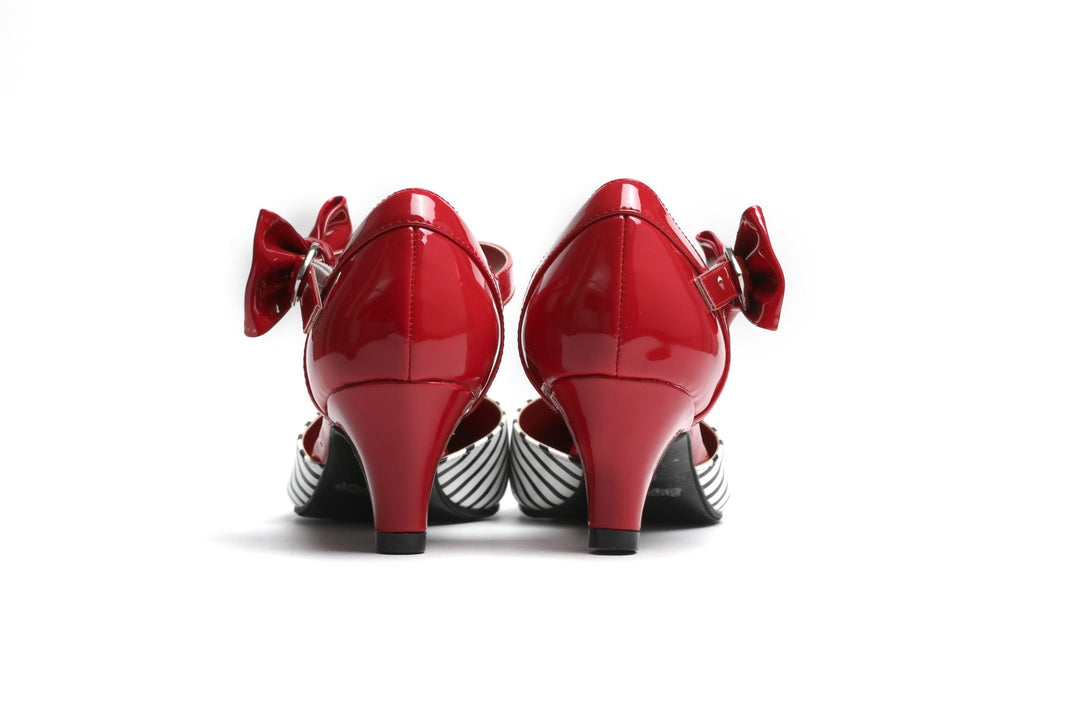 Back view of SugarPOP Jailhouse Rock Mary Jane shoes with red gloss finish, adjustable buckle, and striped sole.