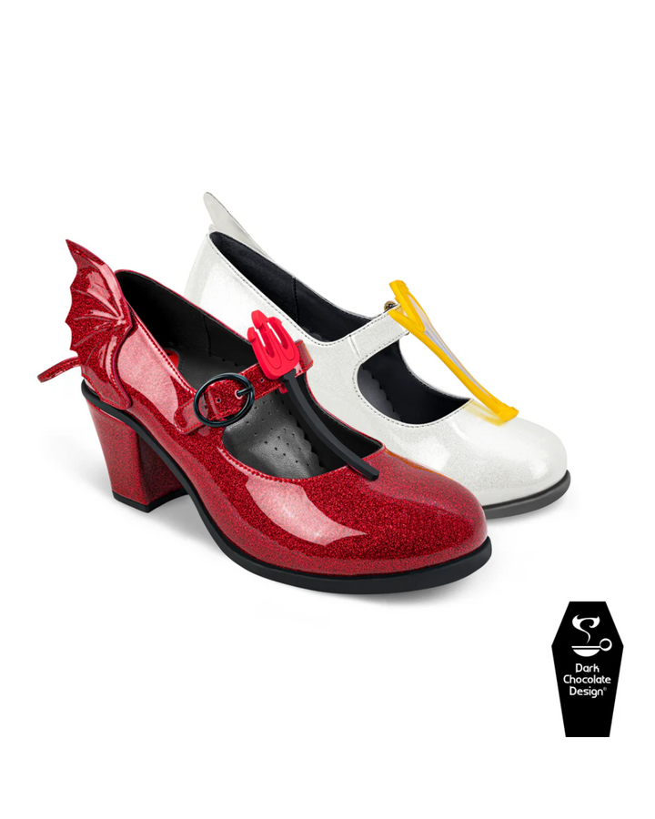 Hot Chocolate Design - Angel & Demon MidHeel in red and white faux patent leather with glitter and removable accessories.