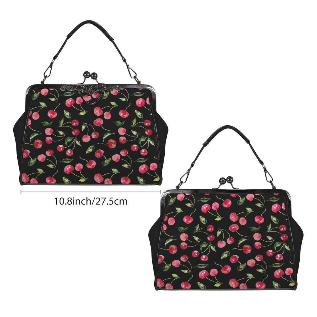 Vintage kisslock handbag purse with cherry print on black background, 10.8 inches wide, stylish retro accessory.