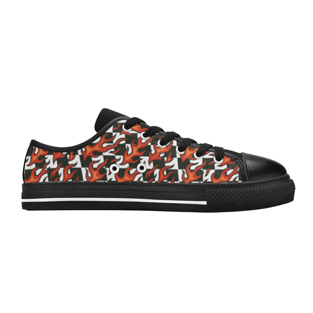 Checkerboard + Flames Kids Sneakers(B) featuring black-and-white checks and bold red flames design.