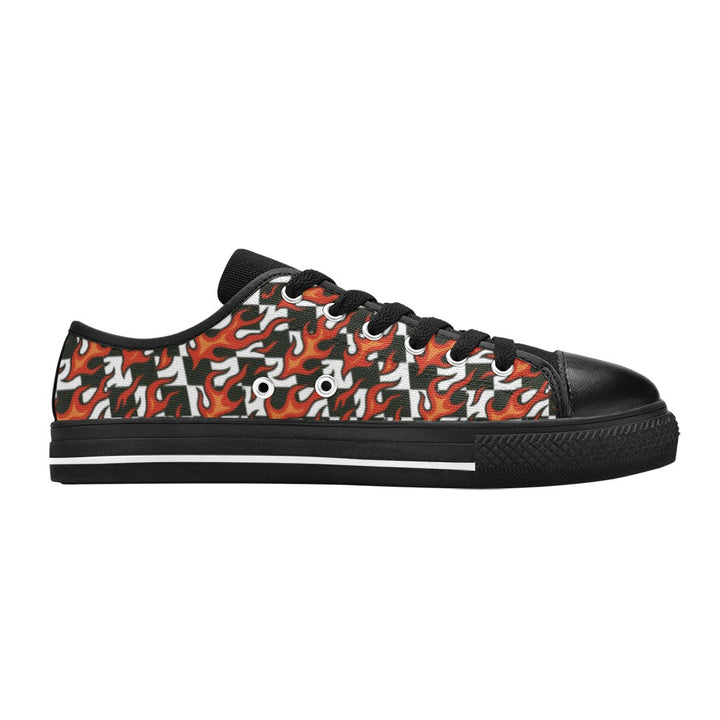 Checkerboard + Flames Kids Sneakers(B) featuring black-and-white checks and bold red flames design.