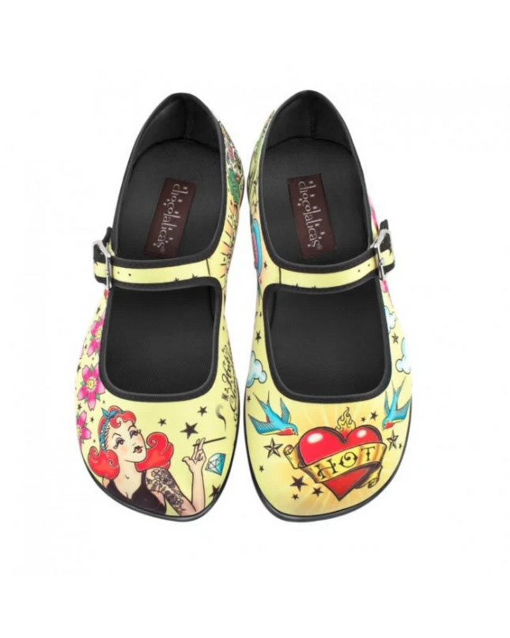 Hot Chocolate Design Tattoo Mary Jane shoes with colorful tattoo artwork on a classic canvas upper.