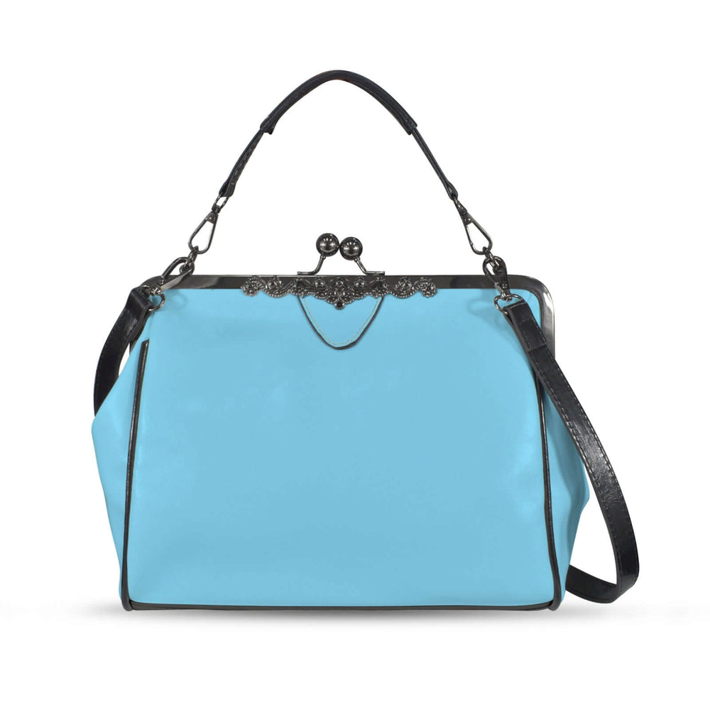 Kisslock vintage handbag purse in solid light blue color, featuring elegant design and structured shape.