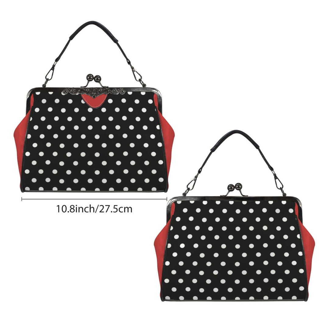 Vintage Polly Kisslock handbag with black and white polka dots and red trim, measuring 10.8 inches.