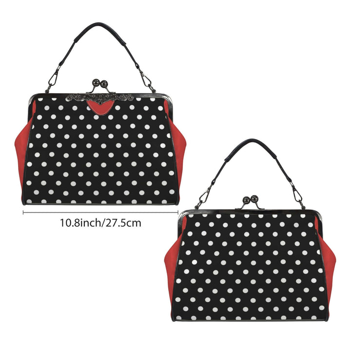 Vintage Polly Kisslock handbag with black and white polka dots and red trim, measuring 10.8 inches.