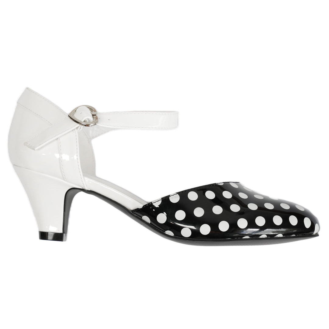 SugarPOP Spotted Mary Jane shoes with black polka dots and white accents, stylish retro heels for any occasion.