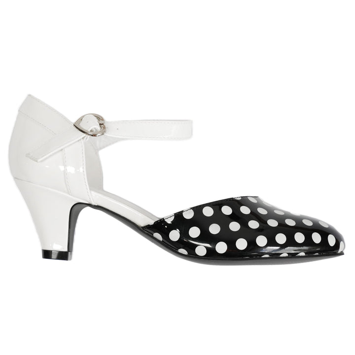 SugarPOP Spotted Mary Jane shoes with black polka dots and white accents, stylish retro heels for any occasion.