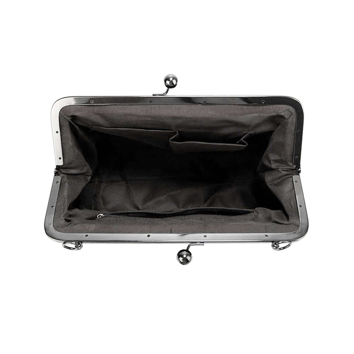 Interior view of the Polly Kisslock Vintage Handbag showing spacious black fabric lining and organizational pockets.