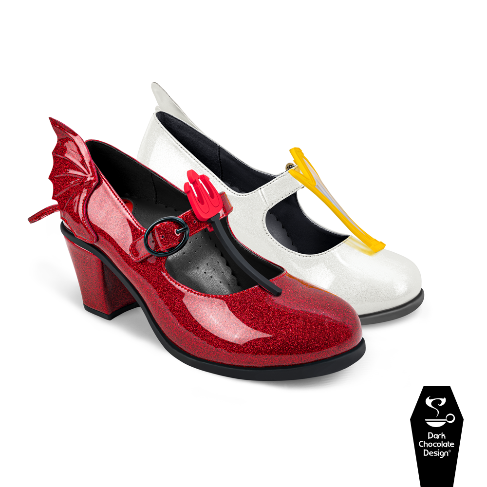 Hot Chocolate Design - Angel & Demon MidHeel in glitter faux patent leather, showcasing red and white styles with playful accessories.