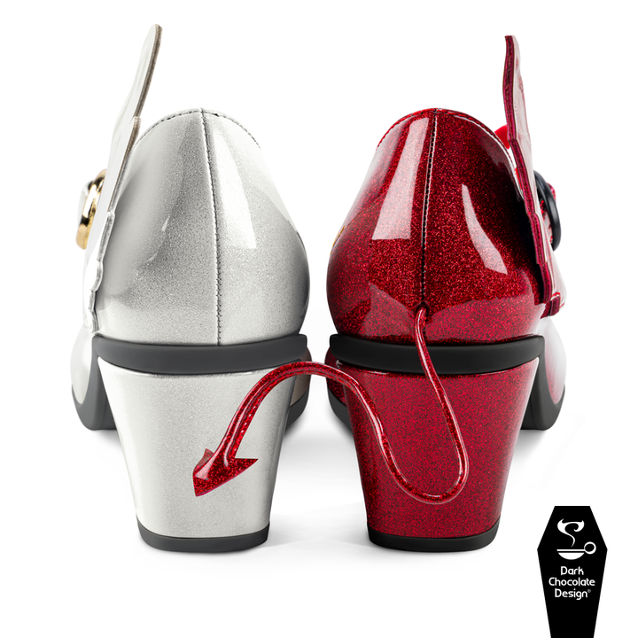 Hot Chocolate Design - Angel & Demon MidHeel in red and silver glitter with playful motifs on heels.