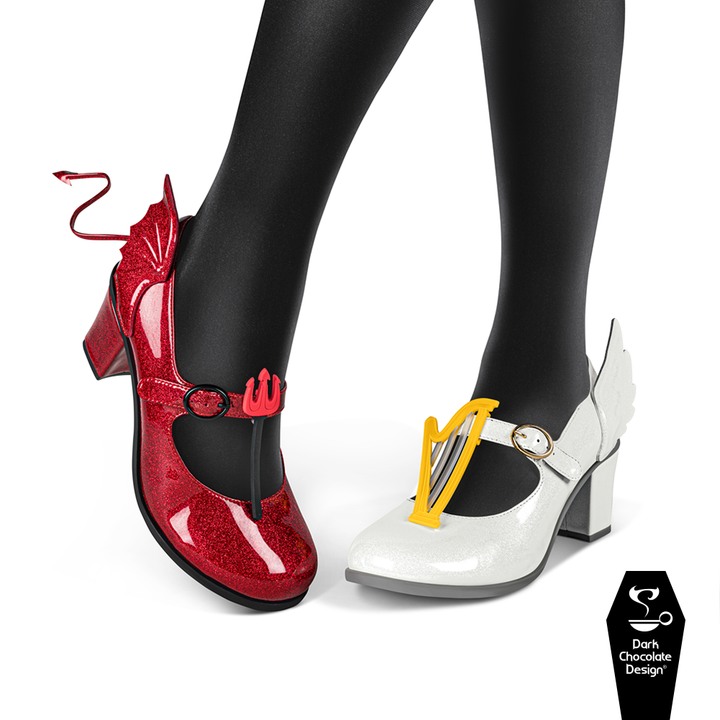 Hot Chocolate Design - Angel & Demon MidHeel showcasing glittery red and white heels with playful accessories.