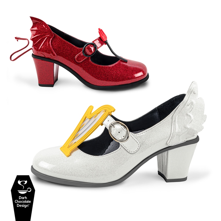 Hot Chocolate Design - Angel & Demon MidHeel showcasing red and white glitter shoes with removable accessories.