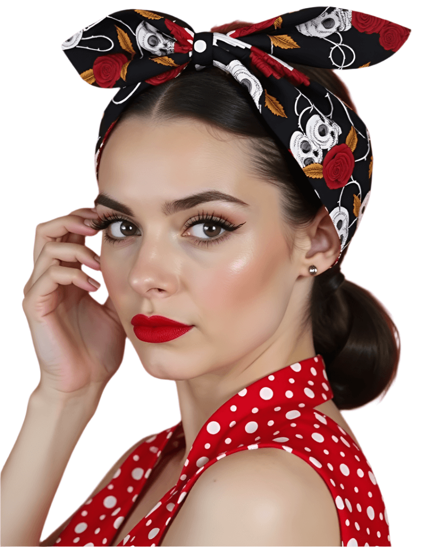 Model wearing SKULL & ROSES WIRED rockabilly hair tie with red polka dot outfit, showcasing edgy style and bold design.