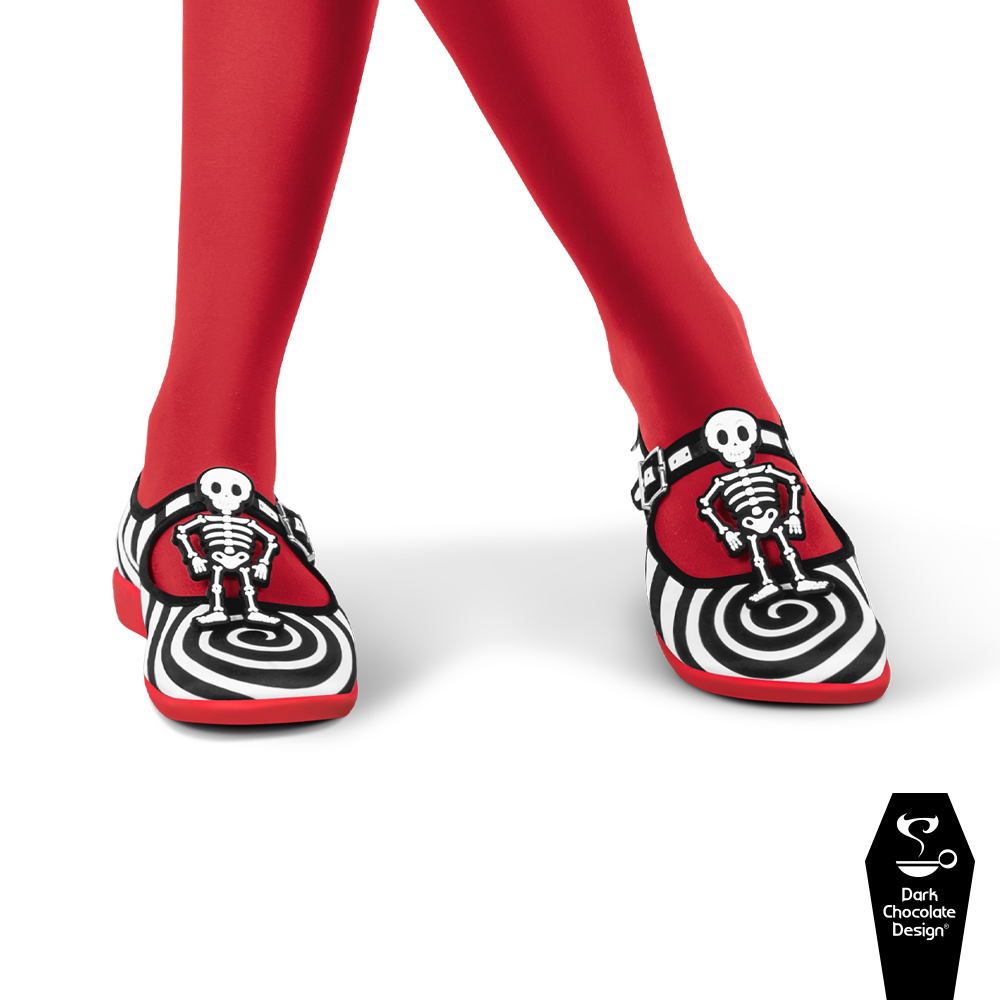 Hot Chocolate Design - Crazy Bones shoes featuring skeletons and bold black-and-white spirals, perfect for Halloween fun.
