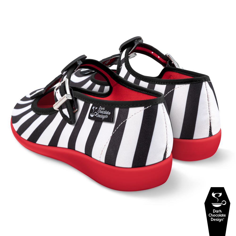Hot Chocolate Design - Crazy Bones shoes featuring black-and-white striped canvas and red rubber sole.
